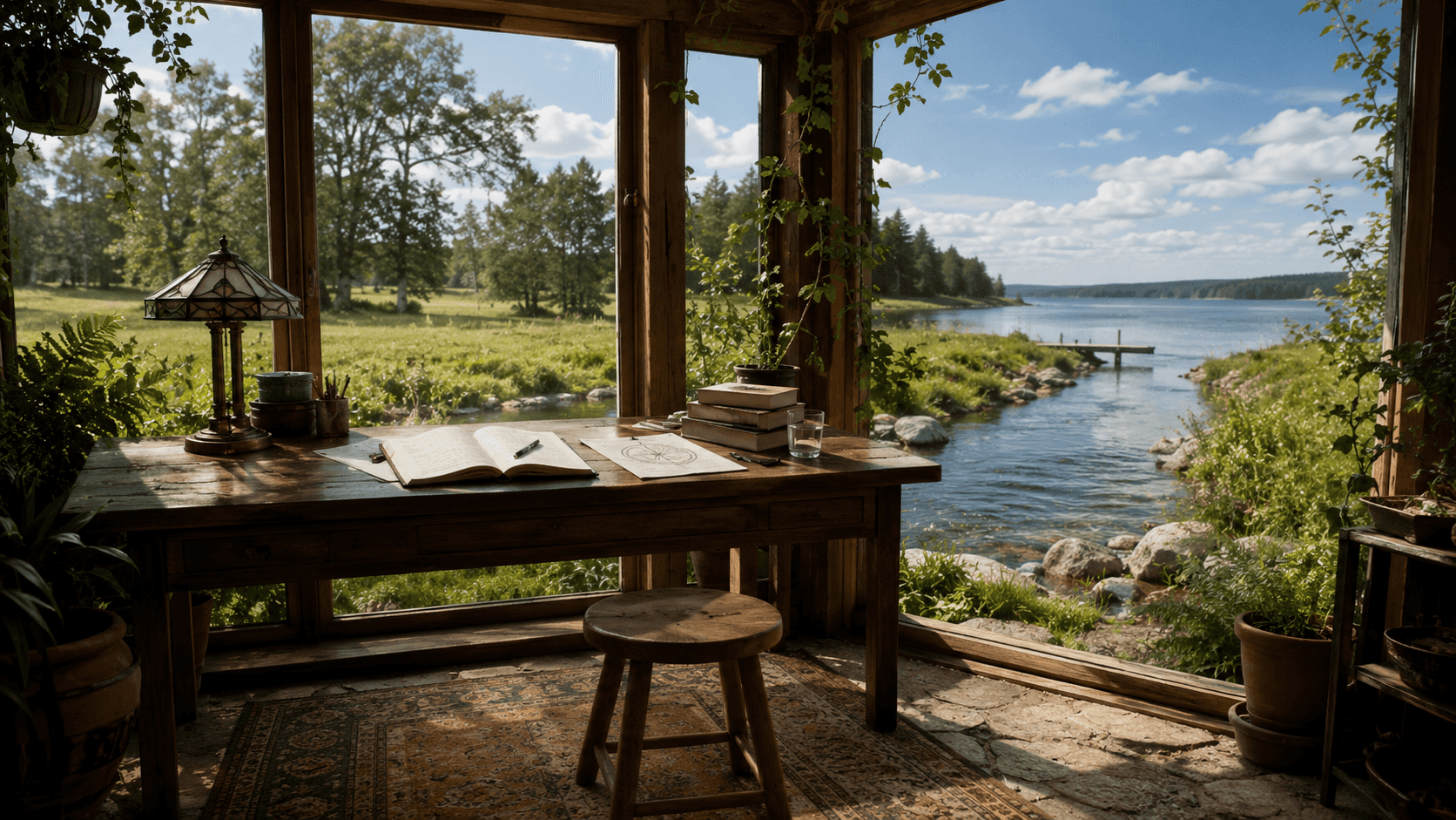 Desk overlooking a lakeside landscape