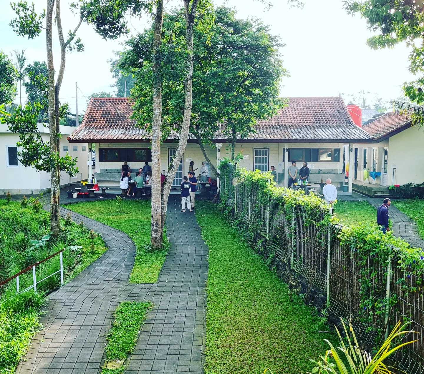 A tile-roofed dining hall at the end of brick paths through a lawn, split down the middle by a vine-covered fence, with students chatting outside